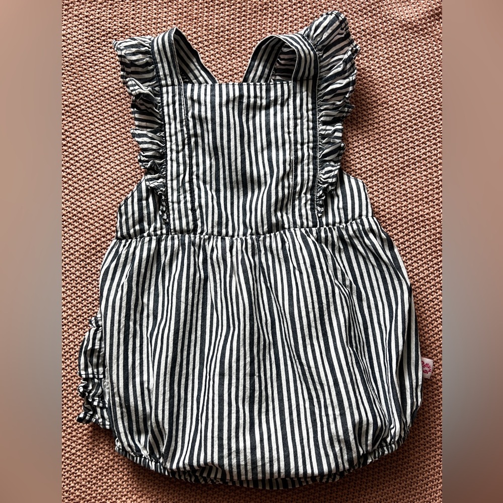 RuffleButts micro stripe white and navy bubble romper